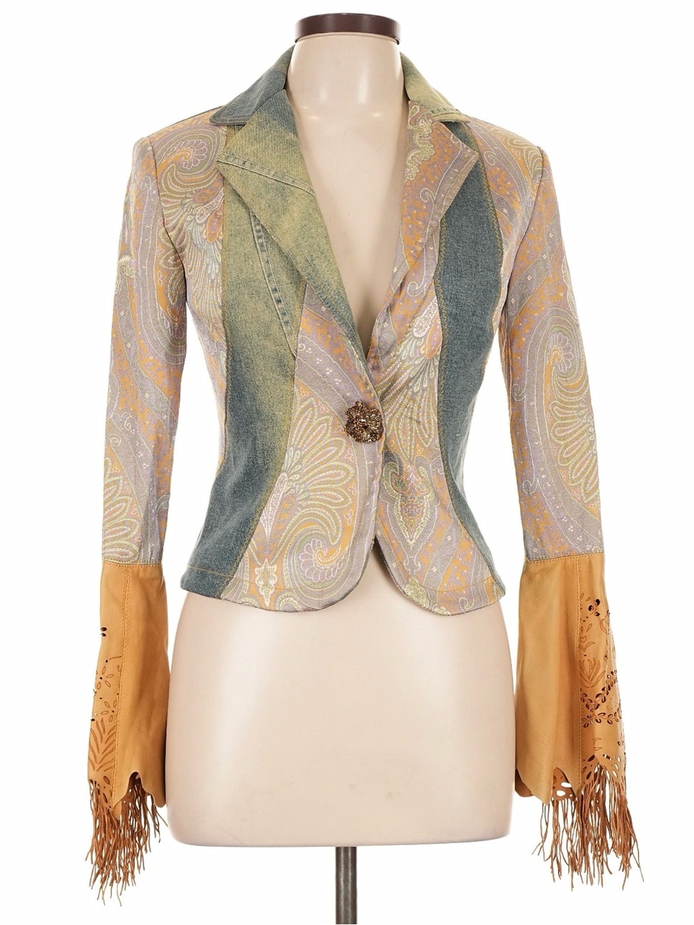 ANIMA PILAR OPORTO Luxury Italian Designer Denim Paisley Cuff Jacket Size 42 NWT